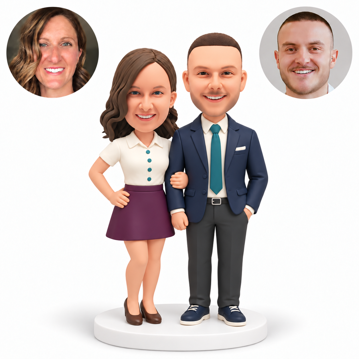 custom bobblehead figures couple linking arms with the woman resting one hand on her hip and the suited man keeping his other hand in his pocket