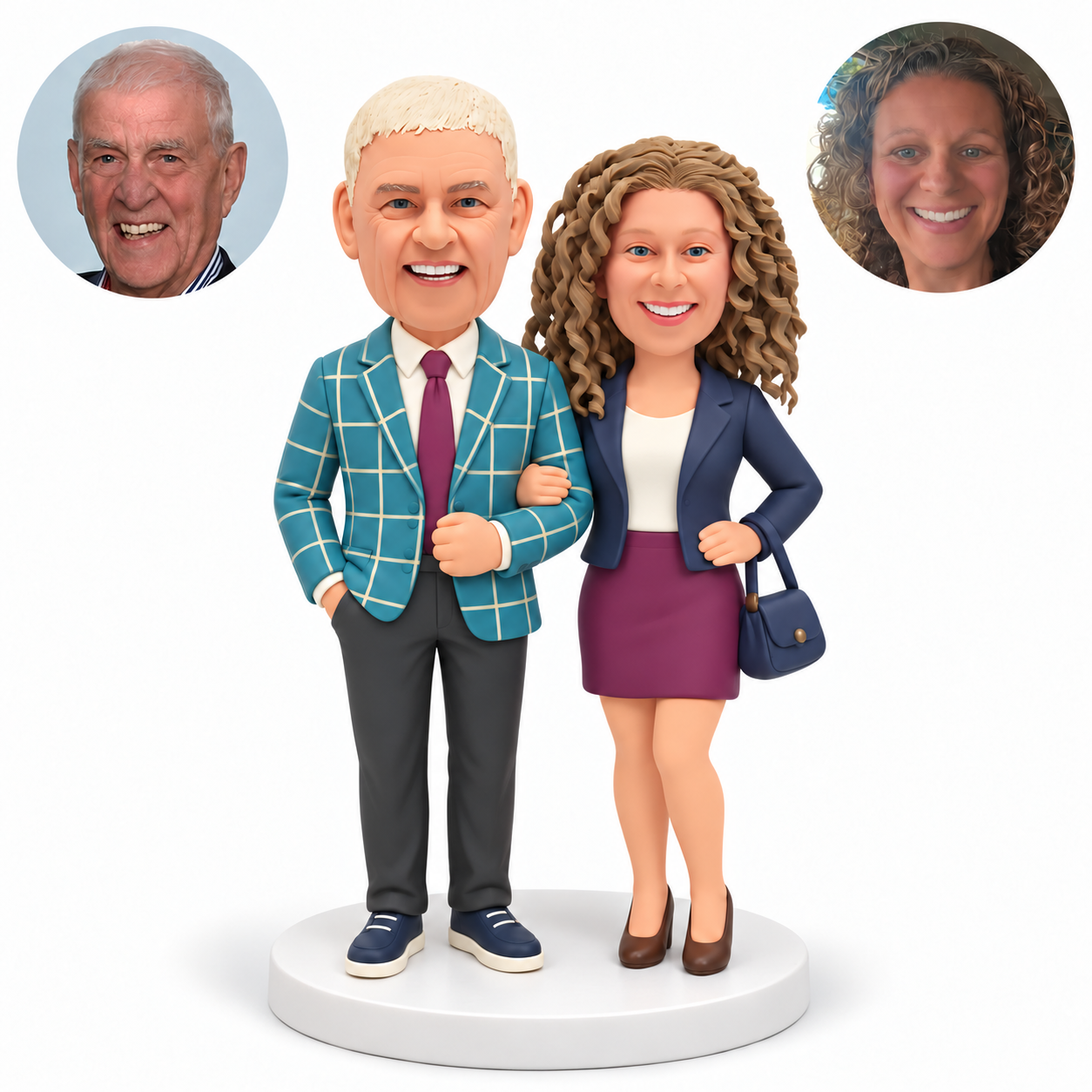 custom bobblehead figures couple linking arms with a handbag on the womans outer arm and the man keeping one hand in his pocket