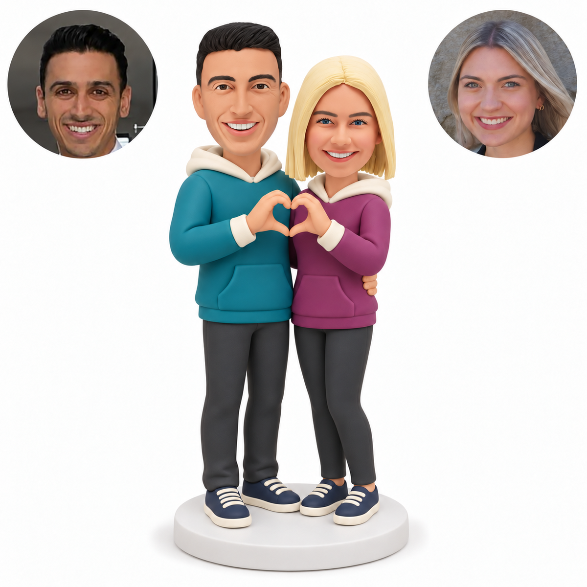 custom bobblehead figures couple in hoodies forming one heart together with their outer hands while embracing at the waist - existing original polymer clay head and matching real photo