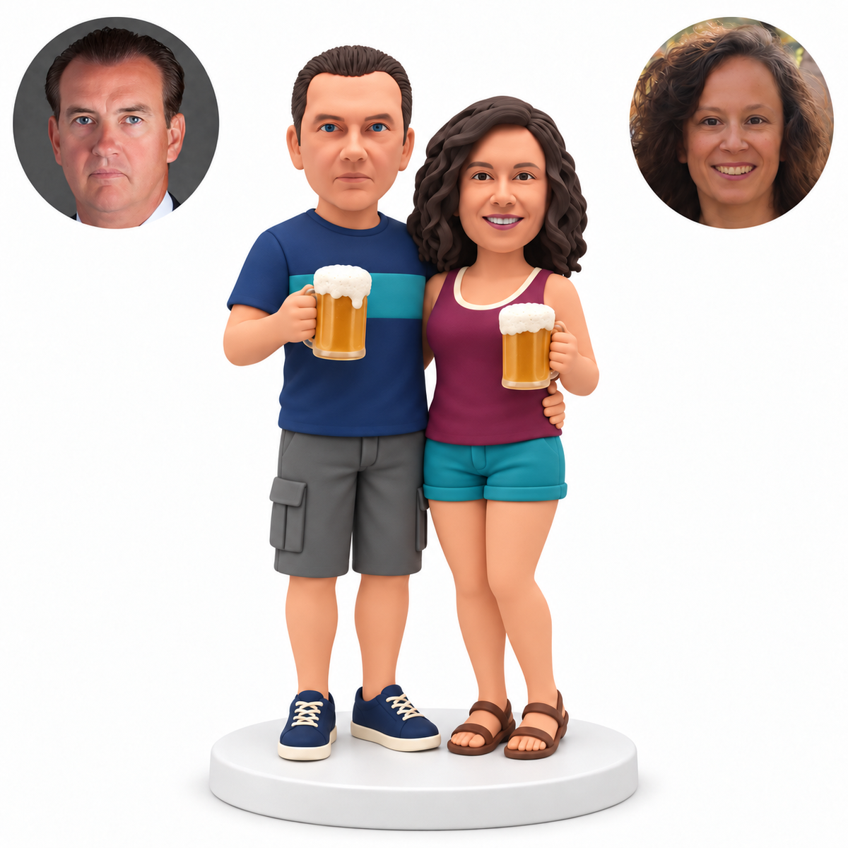custom bobblehead figures couple in summer shorts each holding a beer mug while embracing at the waist - existing original polymer clay head and matching real photo