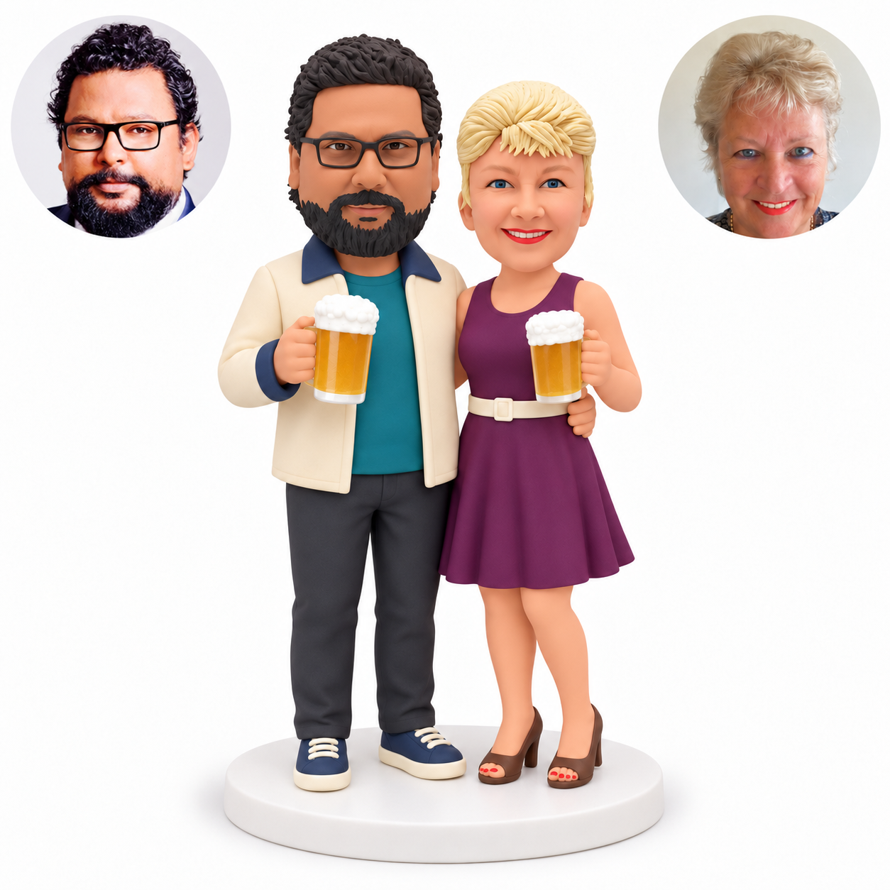 custom bobblehead figures couple with the man in a long jacket and the woman in a sleeveless dress each holding a beer mug in a waist embrace - original own-site polymer clay head and matched photo