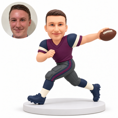 custom bobblehead figure male football player extending a ball sideways in his left hand with his right fist at his chest