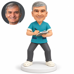 custom bobblehead figure male doctor in a short sleeve medical tunic writing on a clipboard in a wide stance