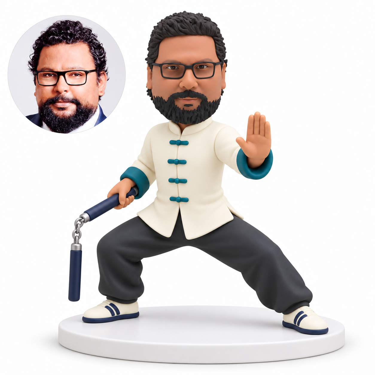 custom bobblehead figure male martial artist in a low horse stance holding nunchaku with one upright palm extended