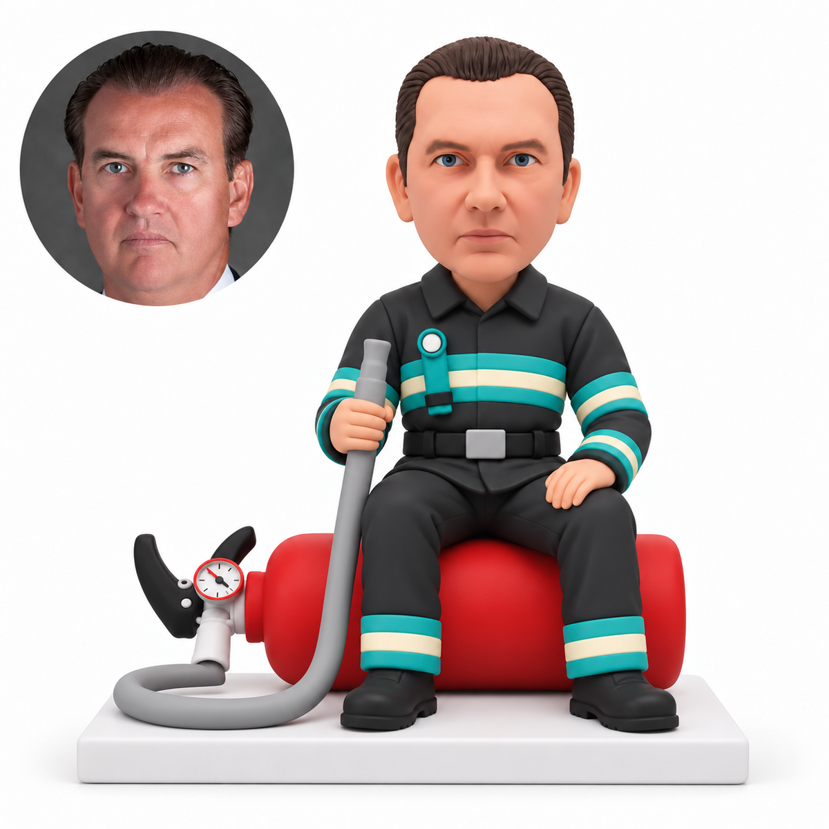 custom bobblehead figure firefighter seated on a horizontal fire extinguisher holding its upright hose nozzle