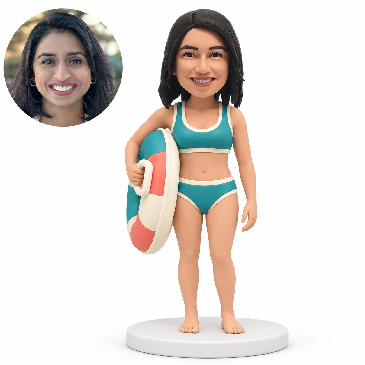 custom bobblehead figure woman in a bikini holding an upright swim ring at her side
