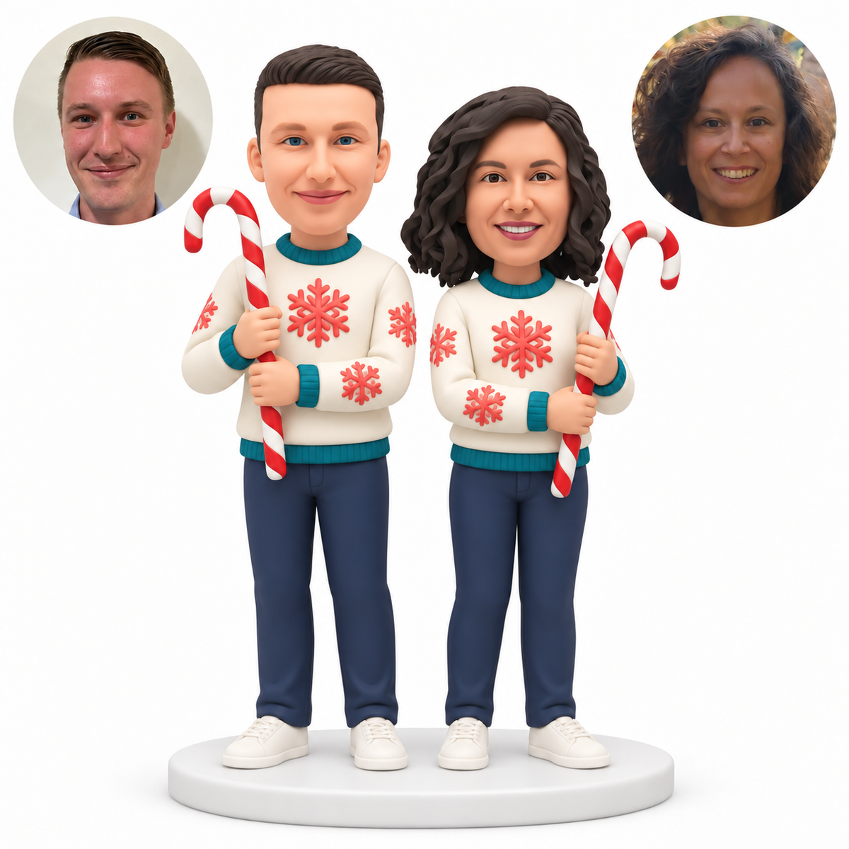 custom bobblehead figures Christmas couple each holding an upright candy cane with both hands