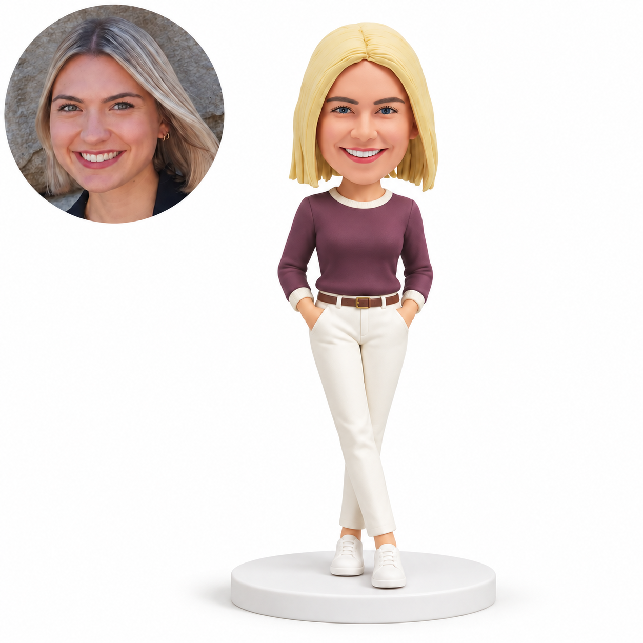 custom bobblehead figure woman in a crew neck pullover and full trousers with both hands in pockets and crossed ankles