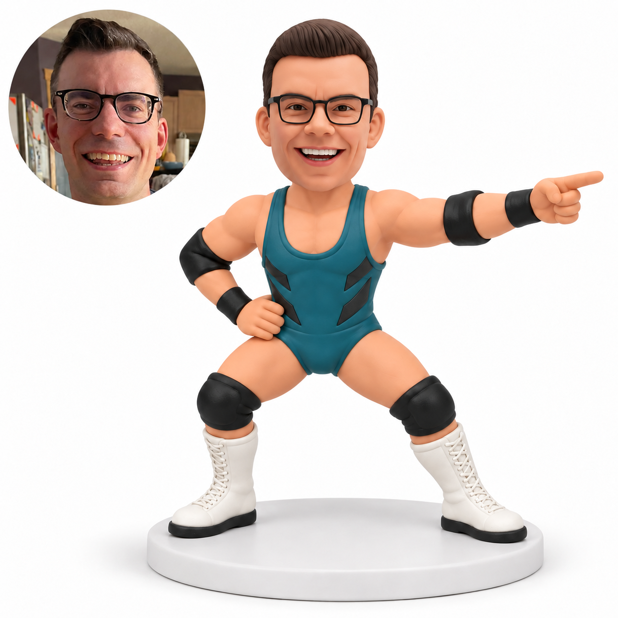 custom bobblehead figure male wrestler in a wide crouch pointing with his left hand and keeping his right hand on his hip with original polymer clay head and matching real photo