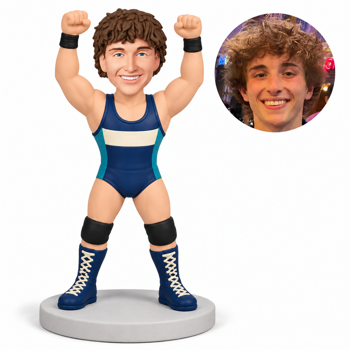 custom bobblehead figure male wrestler raising both fists overhead in a victory pose with original clay head and matching photograph
