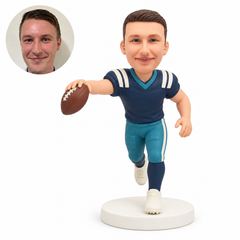 custom bobblehead figure male football player running with a ball extended in his right hand and his left arm bent at his waist with original clay head and matching photograph