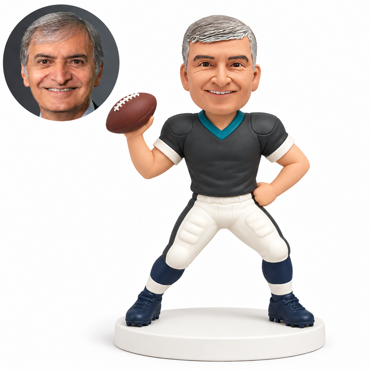 custom bobblehead figure male football player holding a ball beside his right shoulder with his left hand on his hip with original clay head and matching photograph