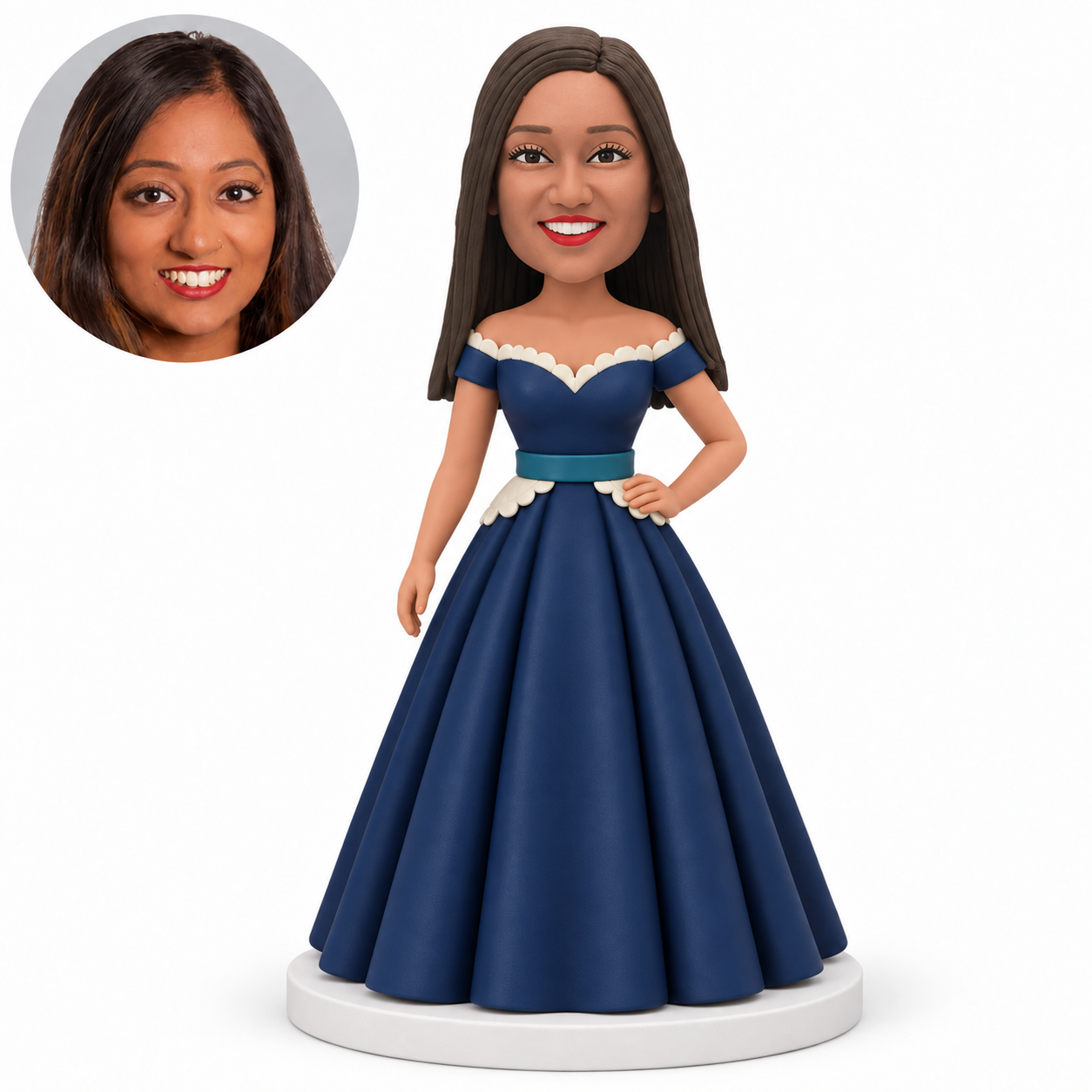 custom bobblehead figure woman in an off shoulder full ball gown with her left hand on her hip with original clay head and matching photograph
