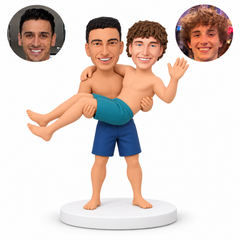 custom bobblehead figures male beach couple in shorts with one partner carrying the other