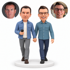 custom bobblehead figures male couple holding hands with a phone in casual jackets and trousers