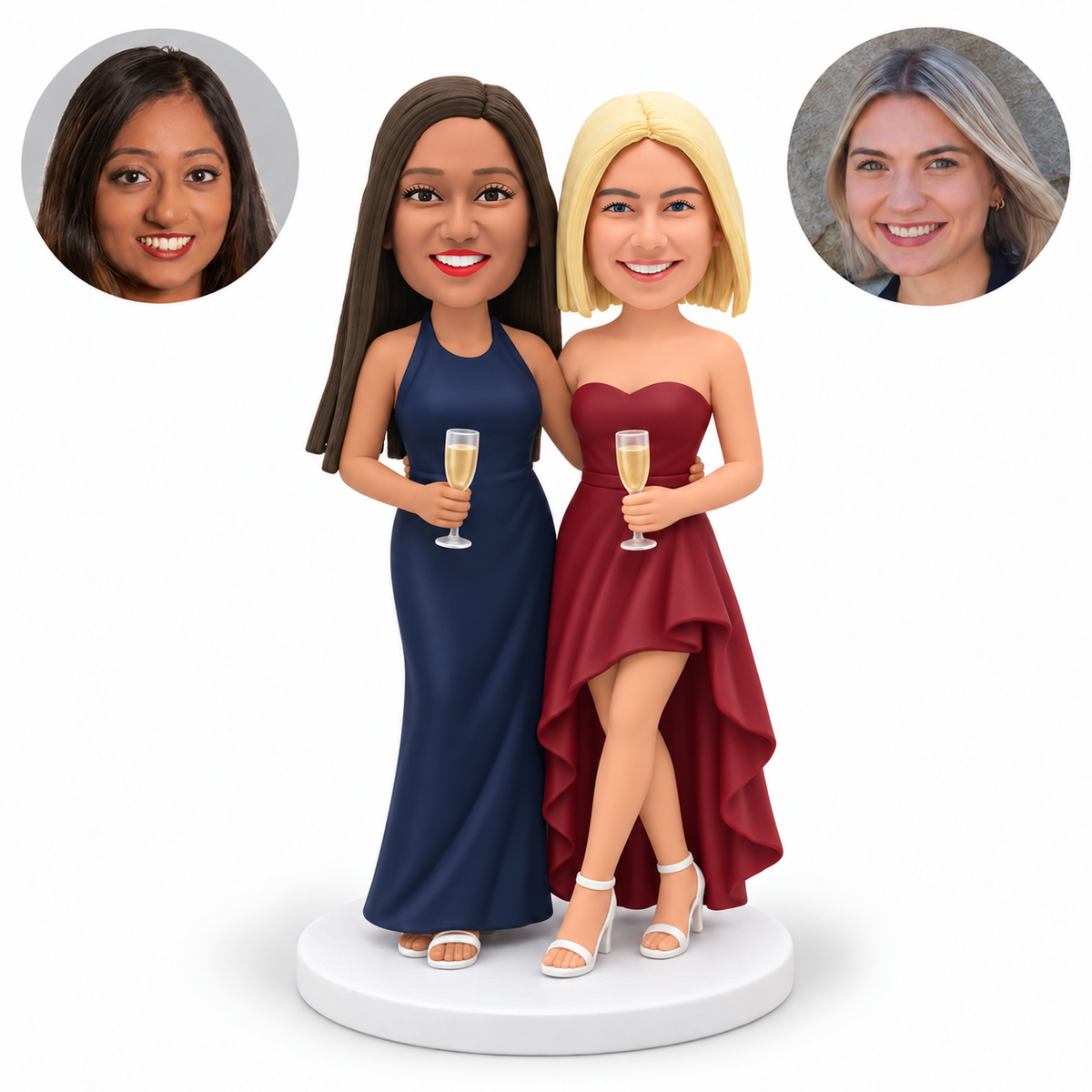 custom bobblehead figures female couple in evening gowns holding two champagne flutes