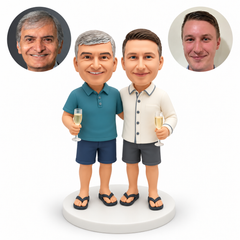 custom bobblehead figures male summer couple in shorts holding two champagne flutes