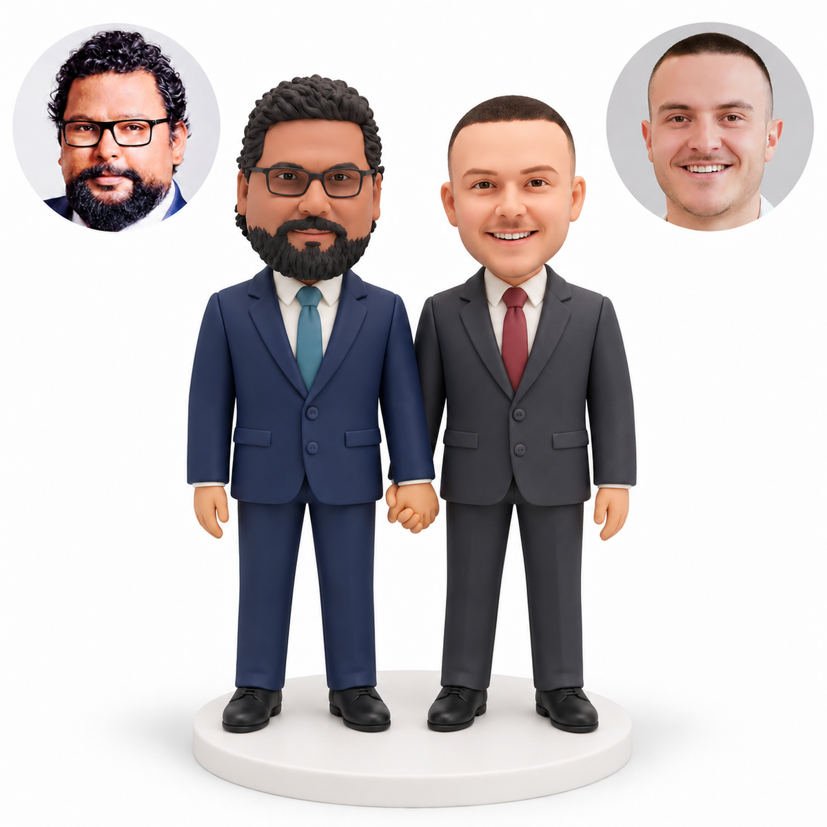 custom bobblehead figures male couple in formal suits holding hands with outer arms lowered