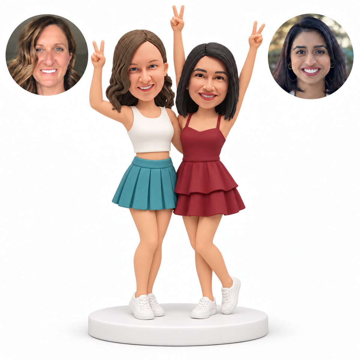 custom bobblehead figures female couple in short skirts making three raised peace gestures