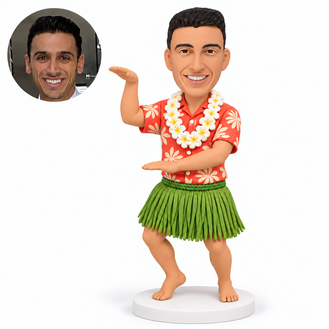 custom bobblehead figure male hula dancer in a hawaiian shirt and grass skirt with his right palm raised