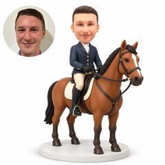 custom bobblehead figure male equestrian in a riding jacket holding the reins on a standing horse