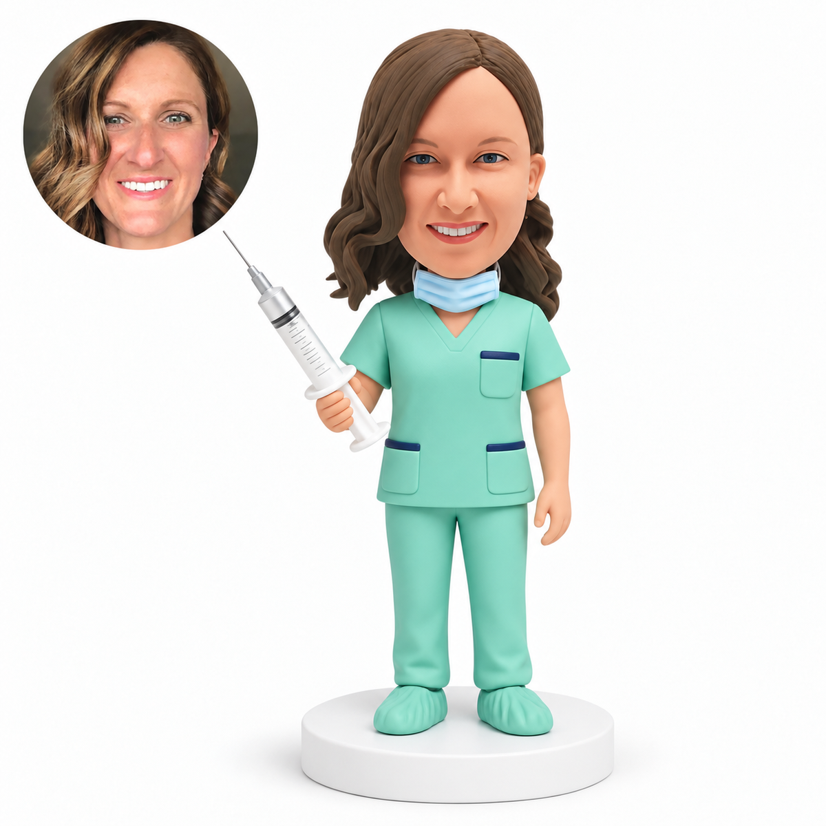 custom bobblehead figure female doctor in scrubs holding a large syringe with her other arm down