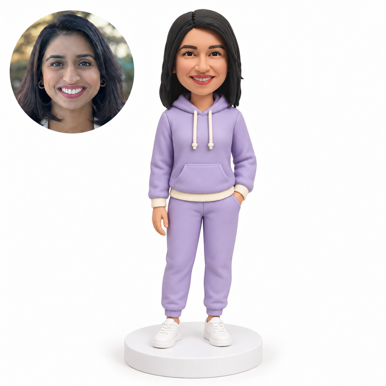 custom bobblehead figure woman in a hoodie and joggers with one hand in her trouser pocket