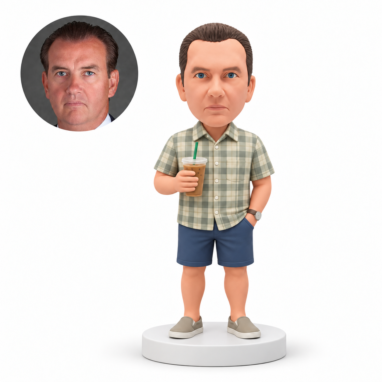 custom bobblehead figure man in a short-sleeve shirt and shorts holding an iced drink with a straw