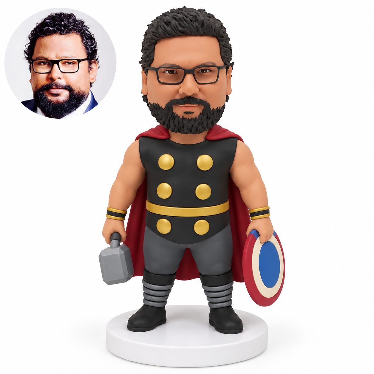 custom bobblehead figure stocky male hero holding a hammer and round shield low at his sides