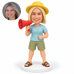 custom bobblehead figure woman in shorts and sandals holding a megaphone beside her face with her other fist in front