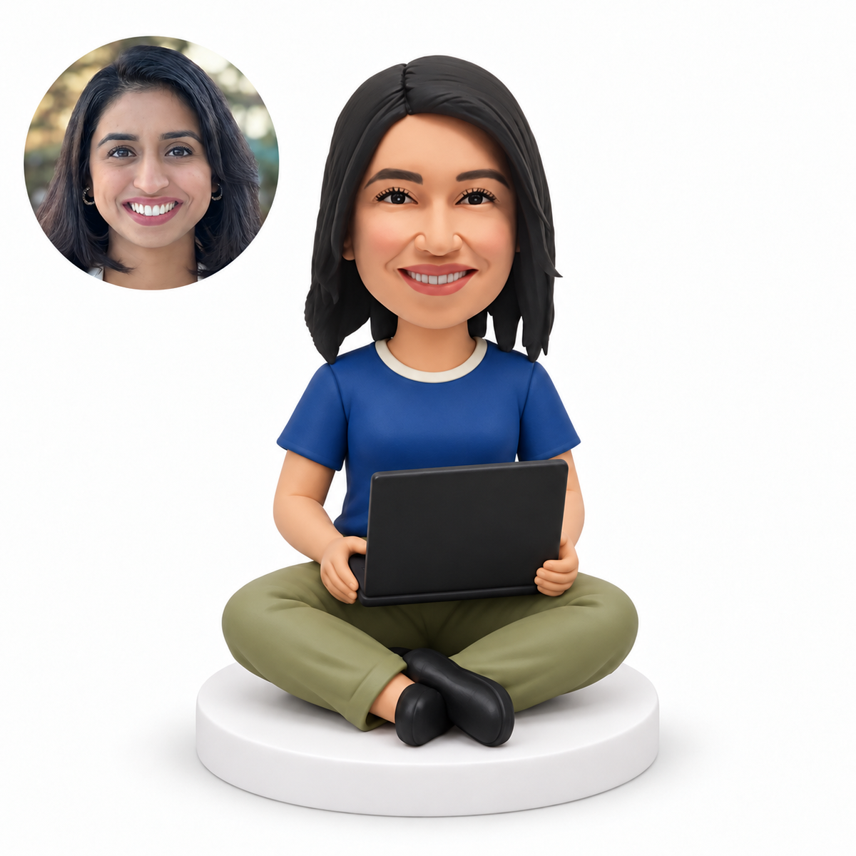 custom bobblehead figure woman sitting cross-legged directly on a round base holding an open laptop on her lap