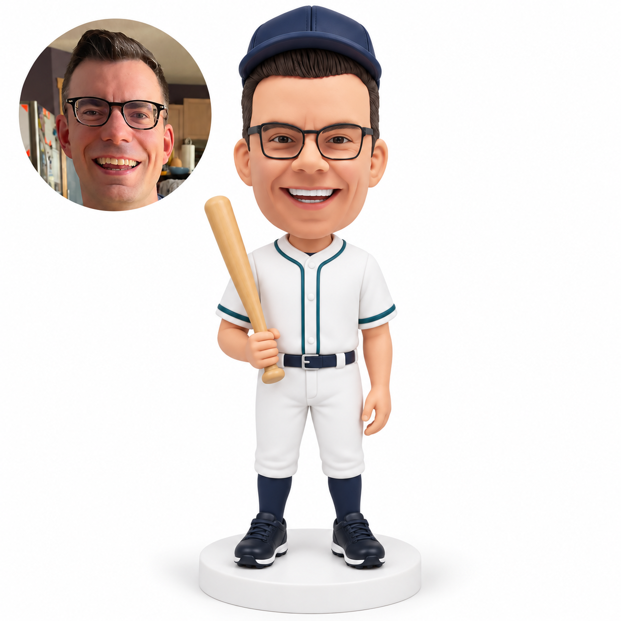 custom bobblehead figure male baseball player holding an upright bat low at his right waist with his left arm down