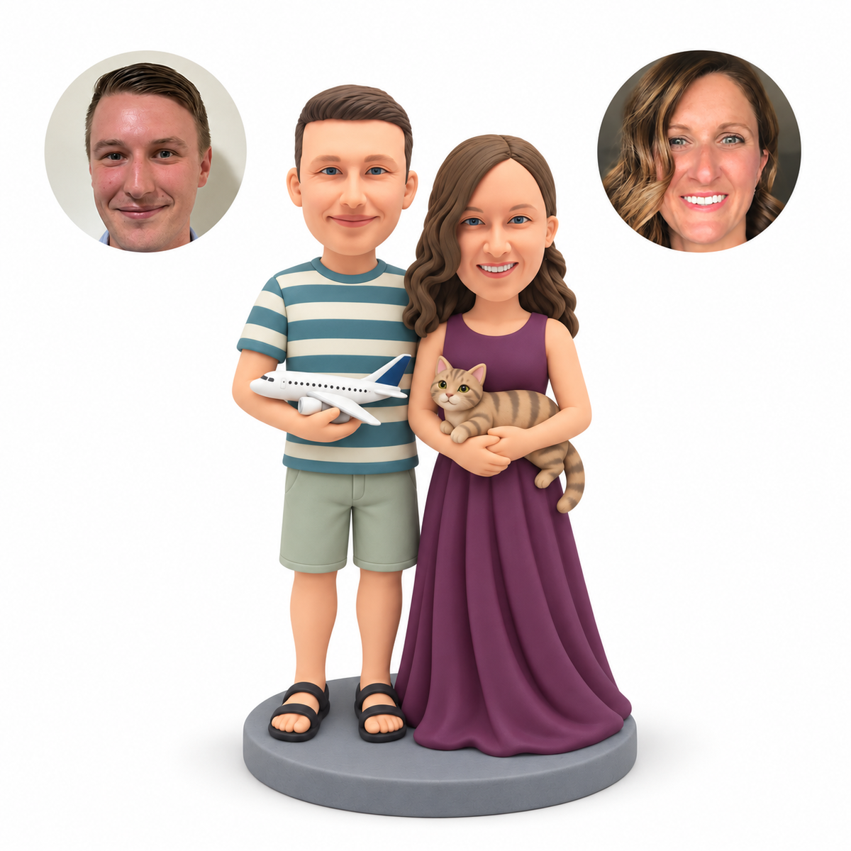 custom bobbleheads figures couple holding a model airplane and a cat