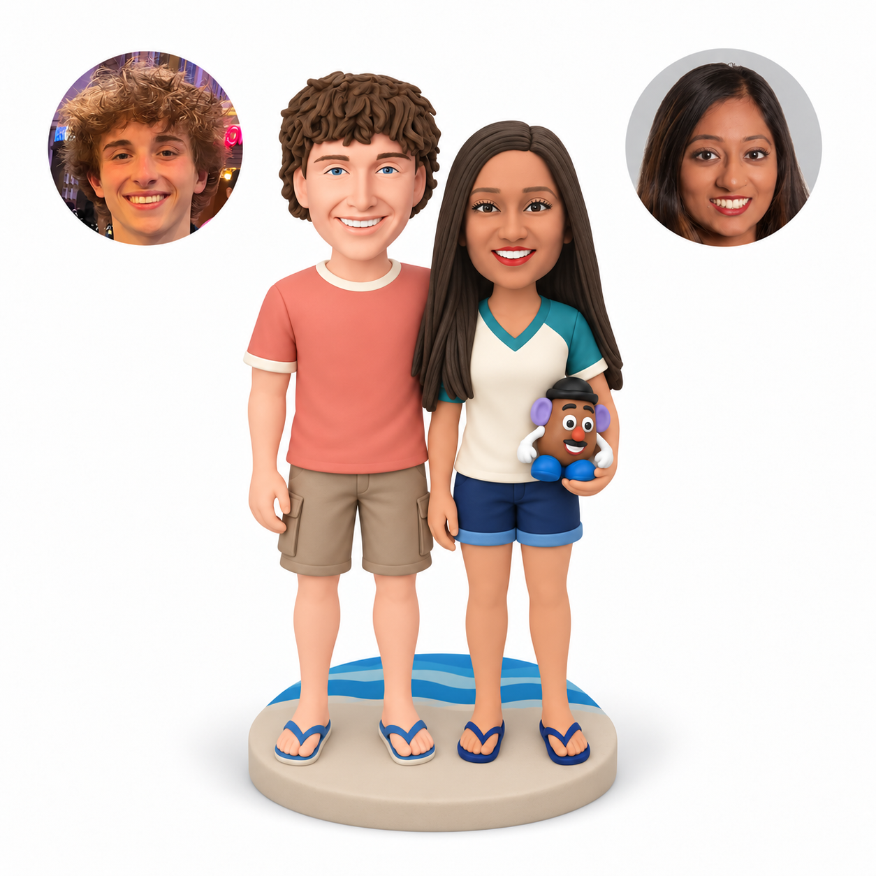 custom bobbleheads figures casual couple with the woman holding a character toy at her waist