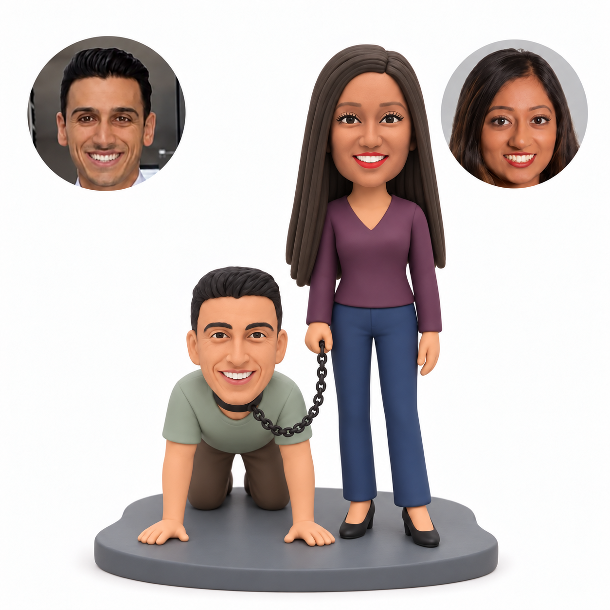 custom bobbleheads figures humorous couple with a standing woman holding a chain attached to a man on hands and knees