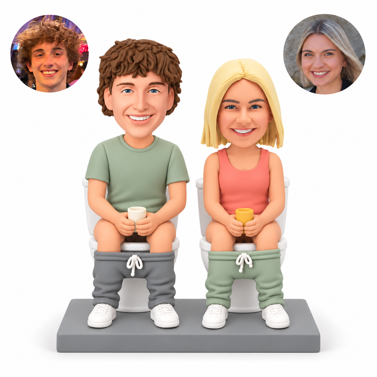 custom bobbleheads figures humorous couple seated on two toilets and each holding a cup
