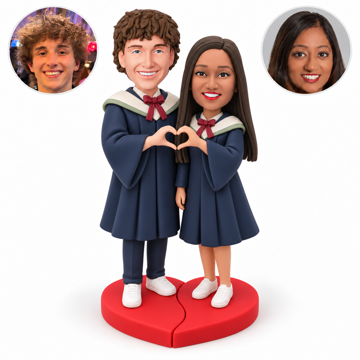 custom bobbleheads figures graduate couple making a shared heart gesture on a two piece heart shaped base