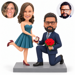 custom bobbleheads figures proposal couple with a kneeling man holding an open ring box and a bouquet
