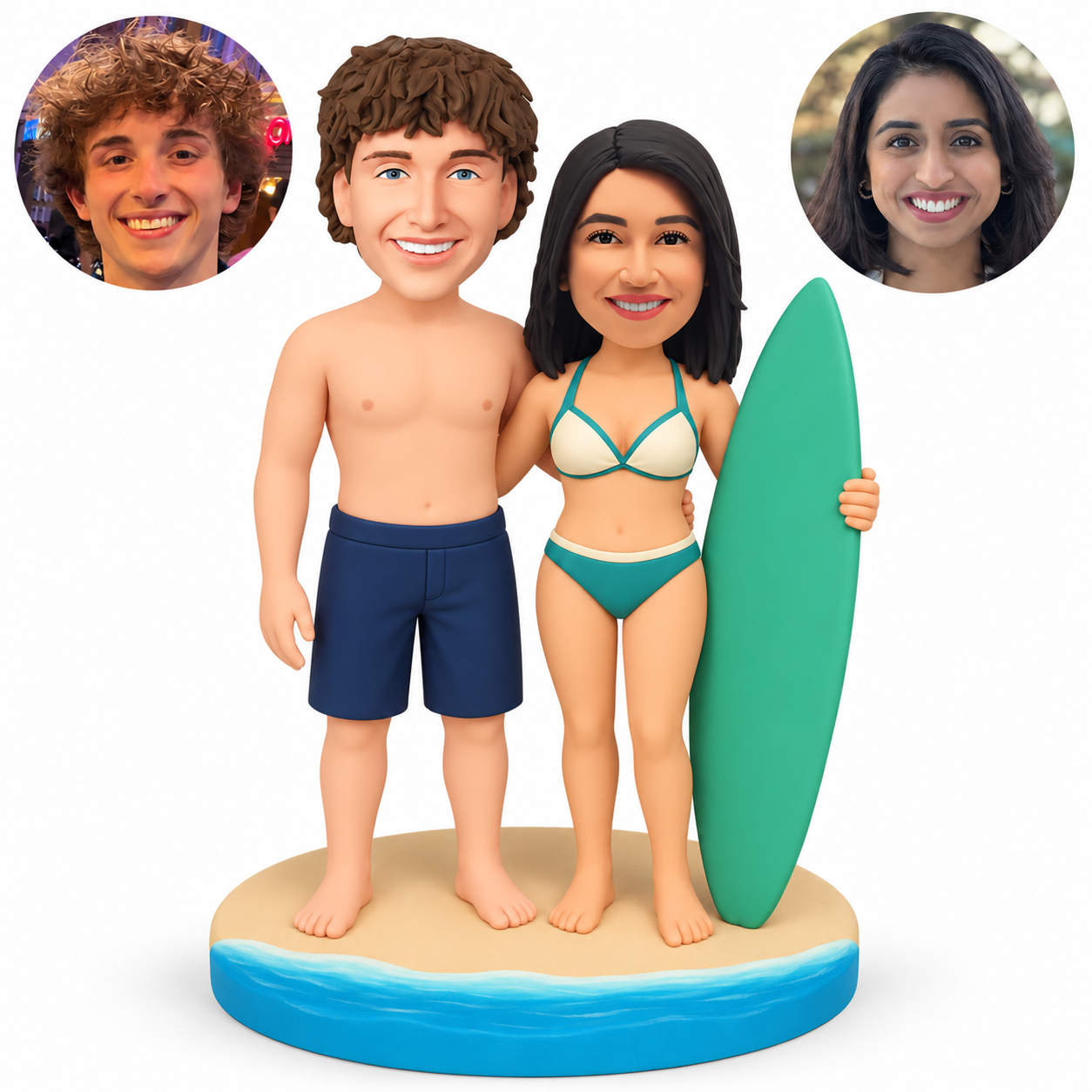 custom bobbleheads figures beach couple embracing at the waist with the woman holding an upright surfboard