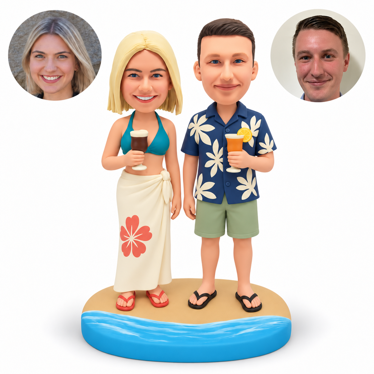 custom bobbleheads figures beach couple each holding a summer drink with their inner arms lowered