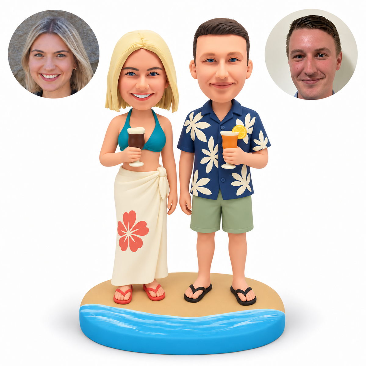 custom bobbleheads figures beach couple each holding a summer drink with their inner arms lowered