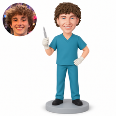 custom bobblehead figure male doctor raising a scalpel with his other hand on his hip