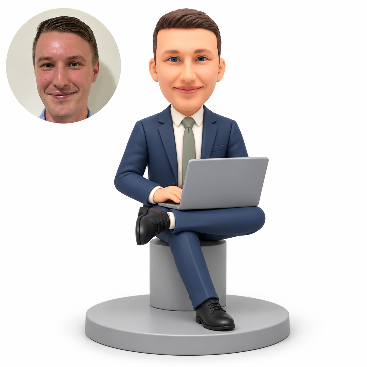 custom bobblehead figure businessman seated on a cylindrical stool with an ankle on his opposite knee using a laptop