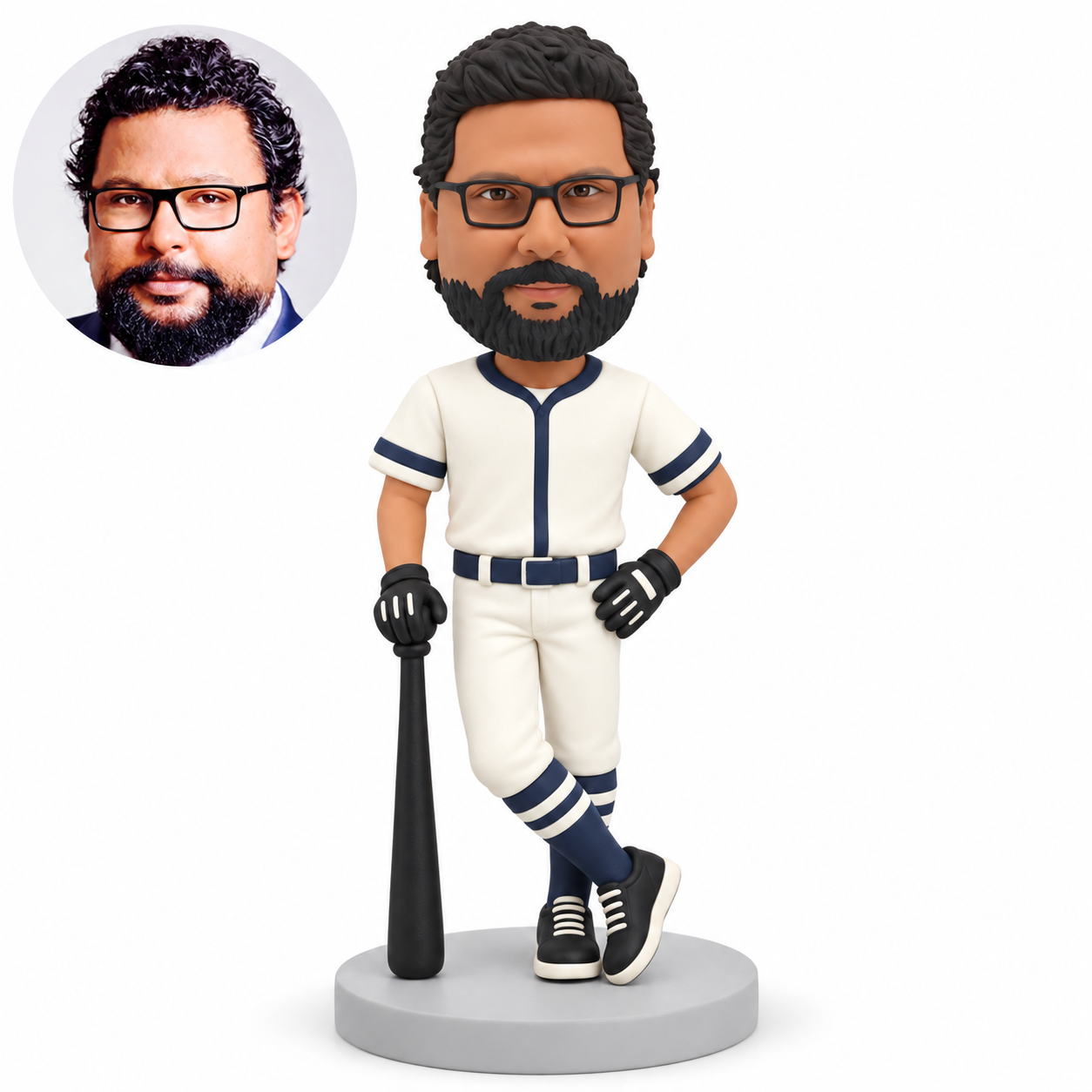 custom bobblehead figure male baseball player resting one hand on a grounded bat with his other hand on his hip and crossed ankles