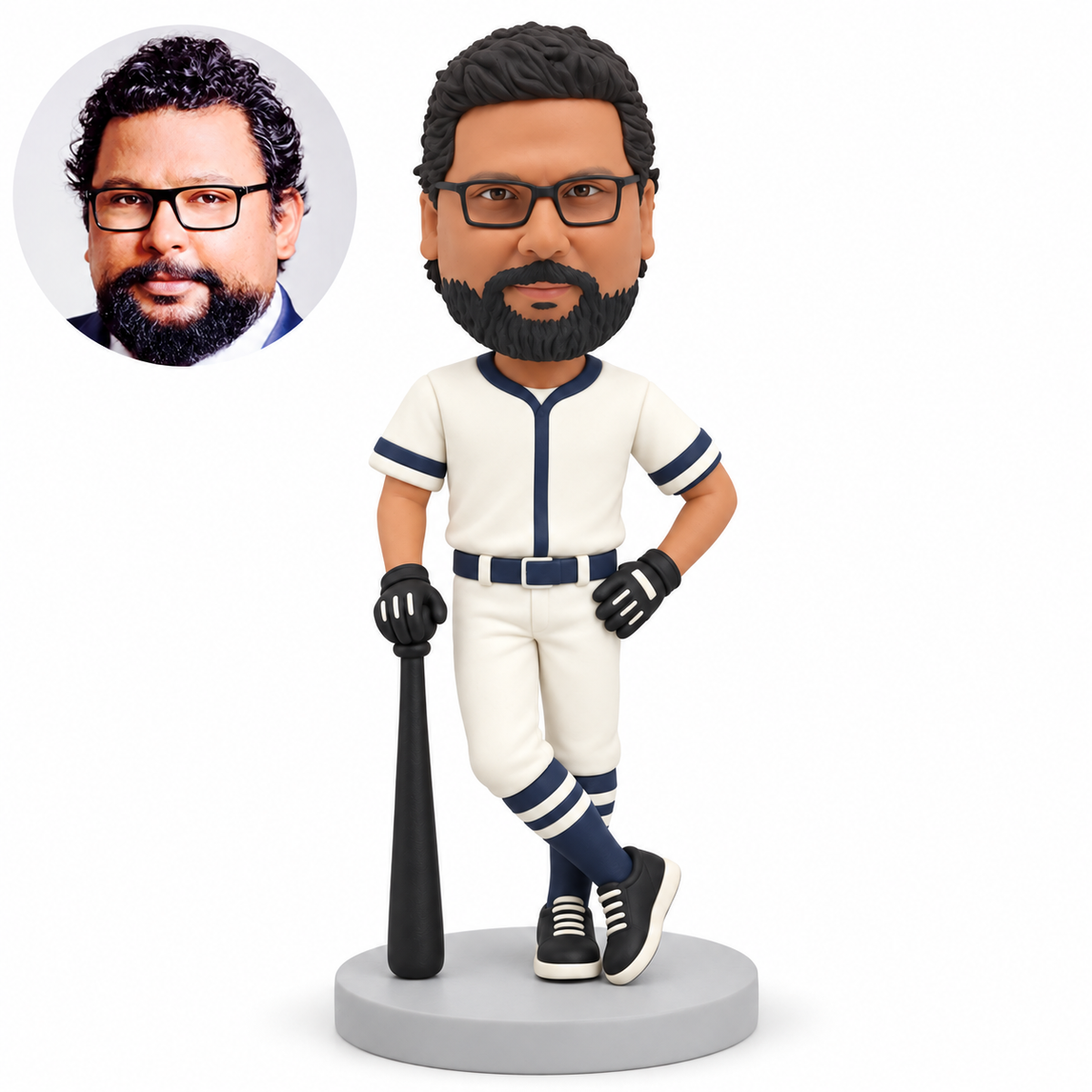 custom bobblehead figure male baseball player resting one hand on a grounded bat with his other hand on his hip and crossed ankles