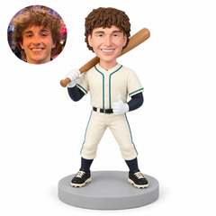 custom bobblehead figure male baseball player resting a bat on one shoulder and giving a thumbs up with his other hand