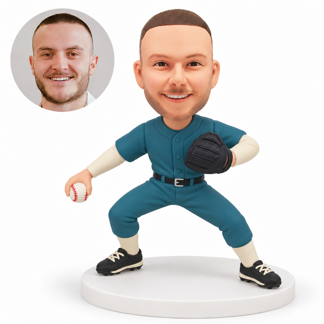 custom bobblehead figure male baseball pitcher holding a low baseball with his glove across his chest in a wide crouch