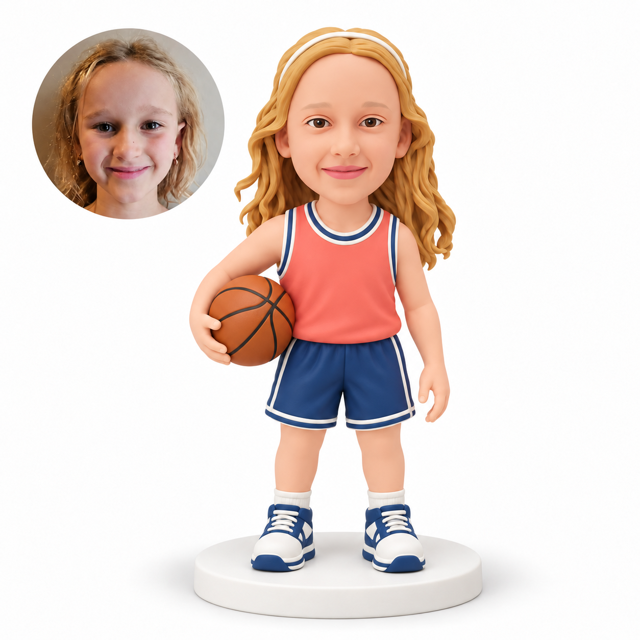 custom bobblehead figure girl basketball player holding a ball at her hip with her other arm lowered