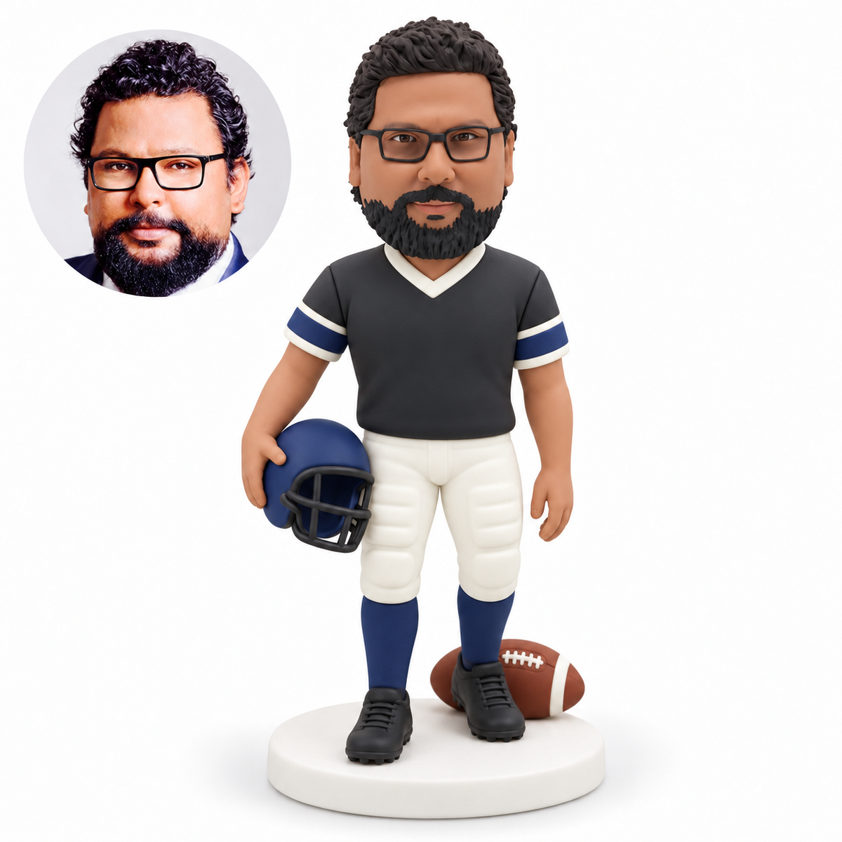 custom bobblehead figure male football player holding a helmet with a football on the base beside his feet
