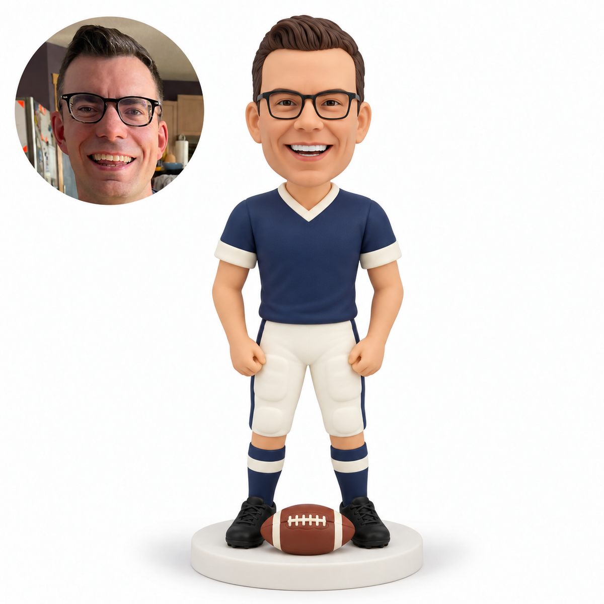 custom bobblehead figure male football fan standing with empty hands lowered in front of his hips and a football between his feet